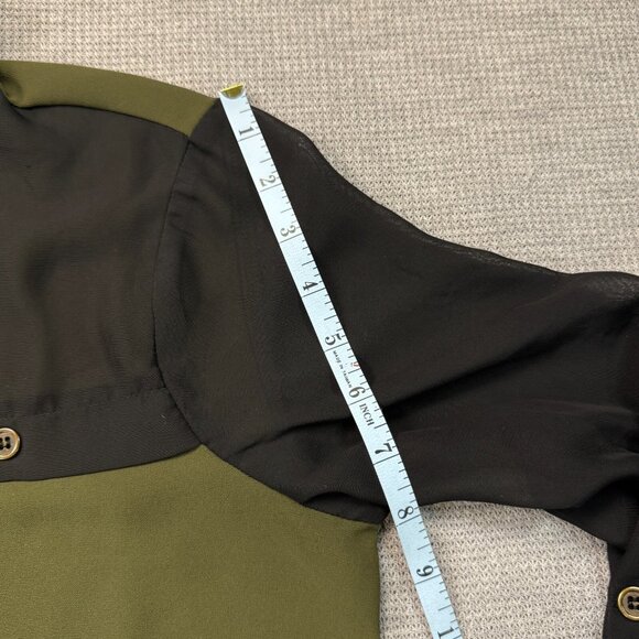 Vanity Womens Green Black Colorblock Semi Sheer Blouse Roll-tab Sleeve Sz Small - Picture 14 of 16